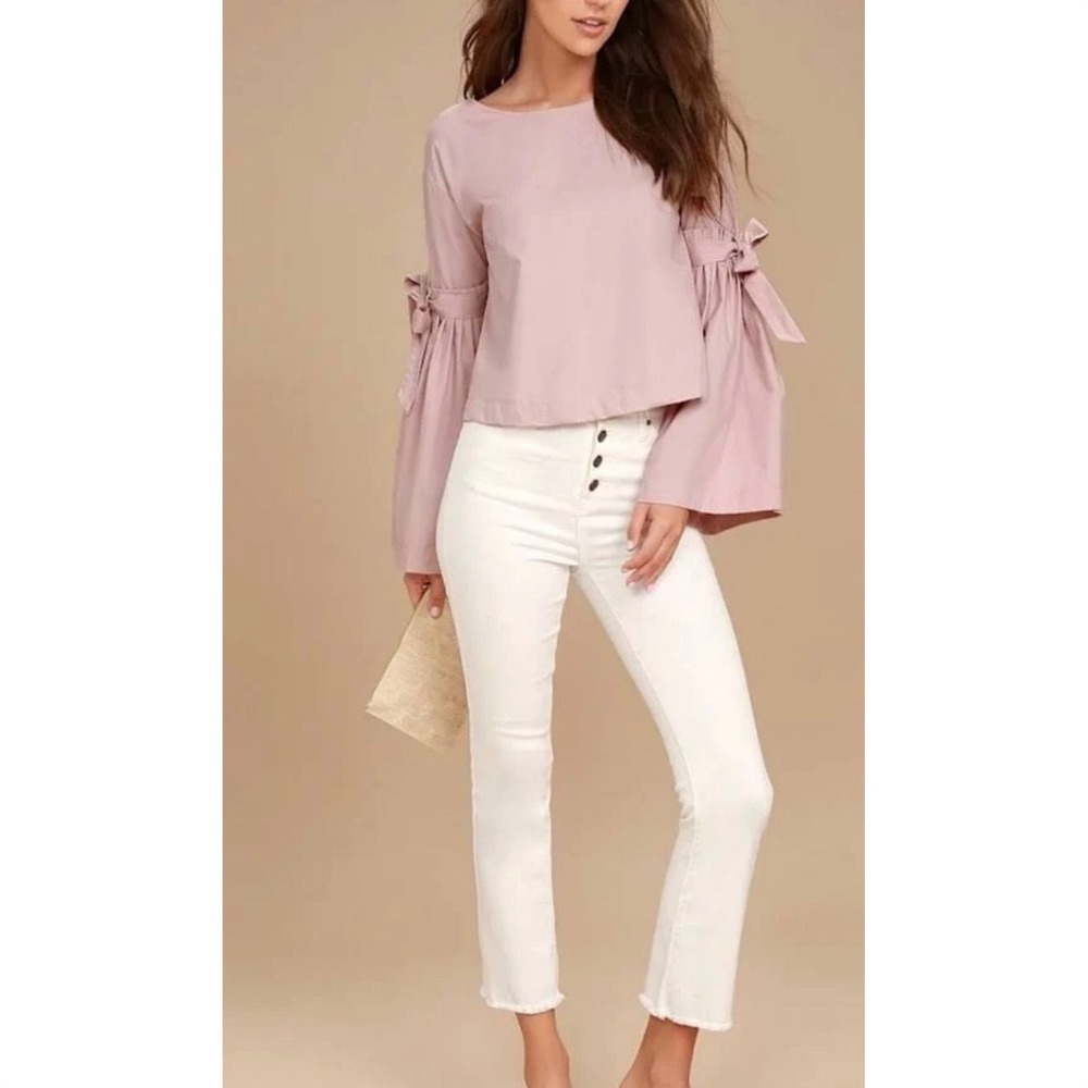 Free People Pink Cotton Bell Sleeve Bow Back Cropped Blouse Top XS OB672226